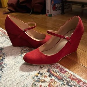 Red Wedge Mary Jane Pumps Ankle Strap High Heel Round Toe
